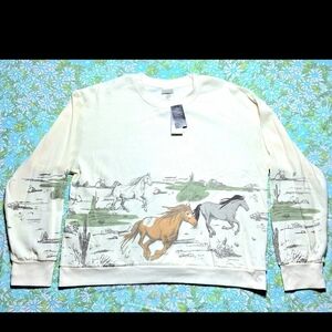 NEW XL Isaac Morris IML Running Horses Western Cream Pullover Cowgirl Sweater